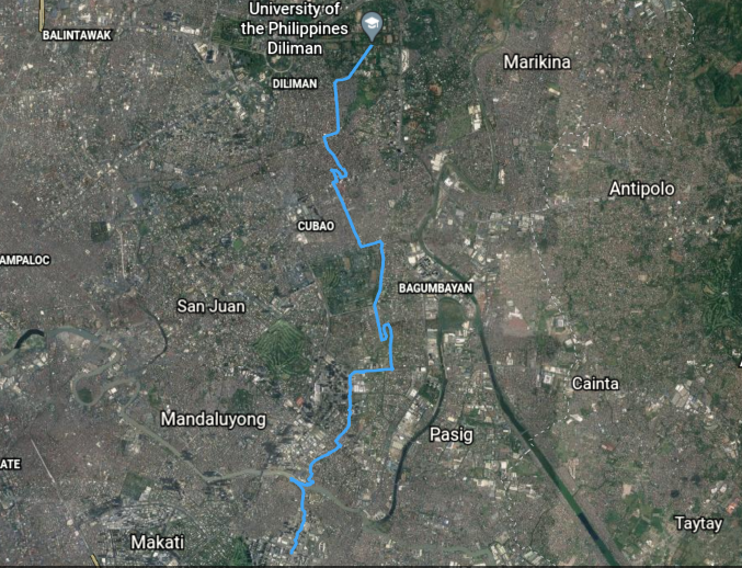 One of my most memorable after-work bike commutes before everything of 2020. Take note of my Pasig river-crossing at the first 5 kilometers of my route from Bonifacio Global City at the lower half of the image.