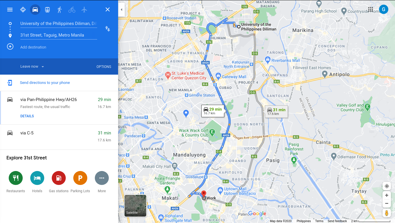 The service primarily suggests routes for motorized transport. The only viable routes are EDSA or C5, both of which are congested and take about 2-3 hours to traverse during rush hours.