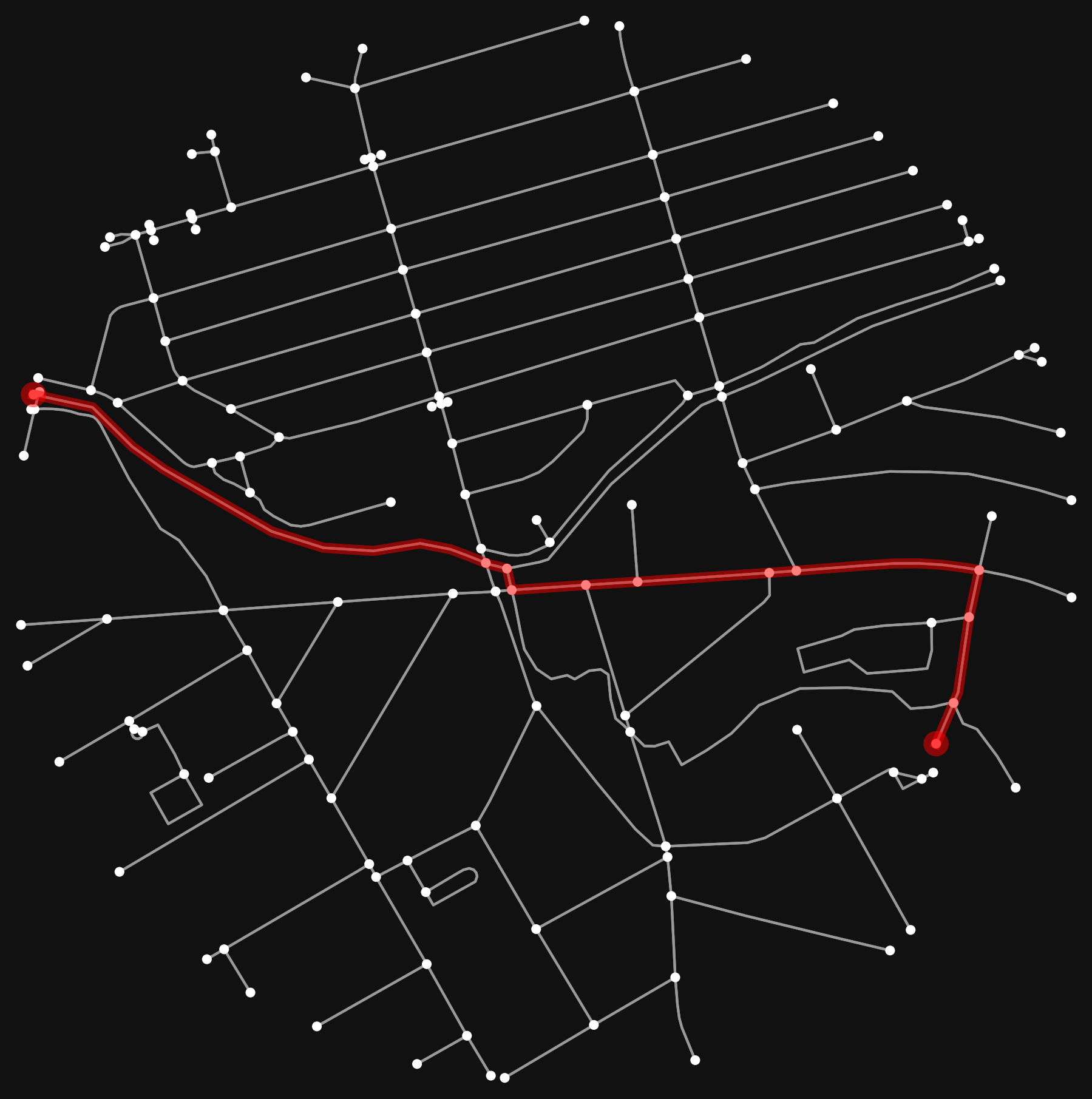 Using the algorithm use Diliman Creek and E. Rodriguez Sr. Ave. as inputs for shortest-path sample route between a random pair origin and destination points. The red path is the shortest path out of all possible paths determined by Dijkstra&rsquo;s algorithm.